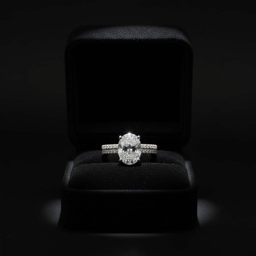 Silver Oval Diamond Ring with Diamond Band