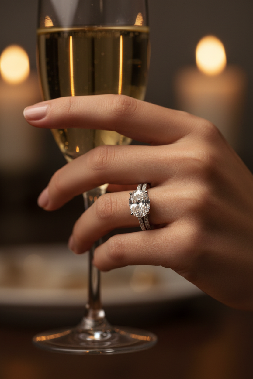 Silver Oval Diamond Ring with Diamond Band